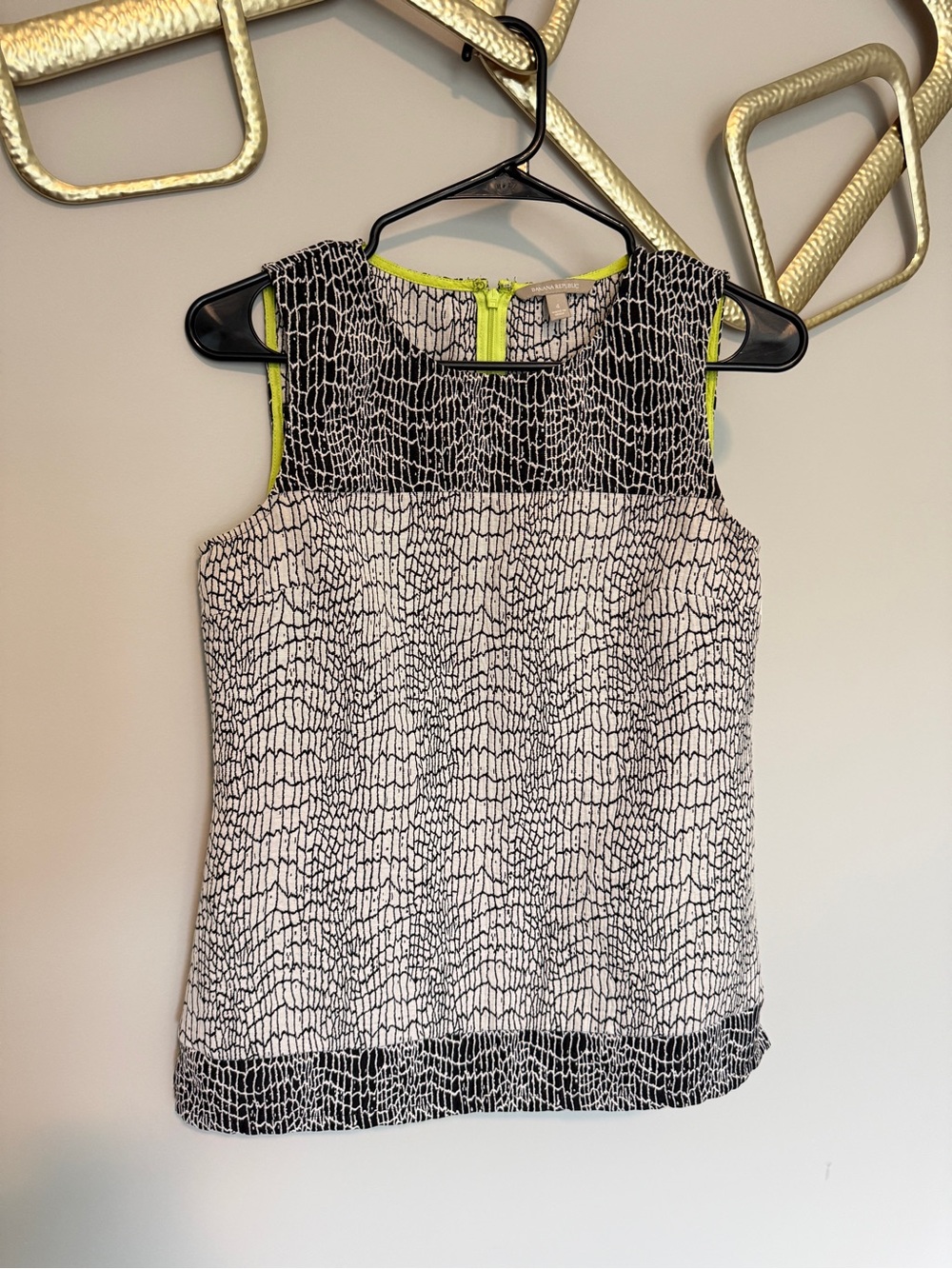 Sleeveless Black & White Patterned Shell with Neon Trim